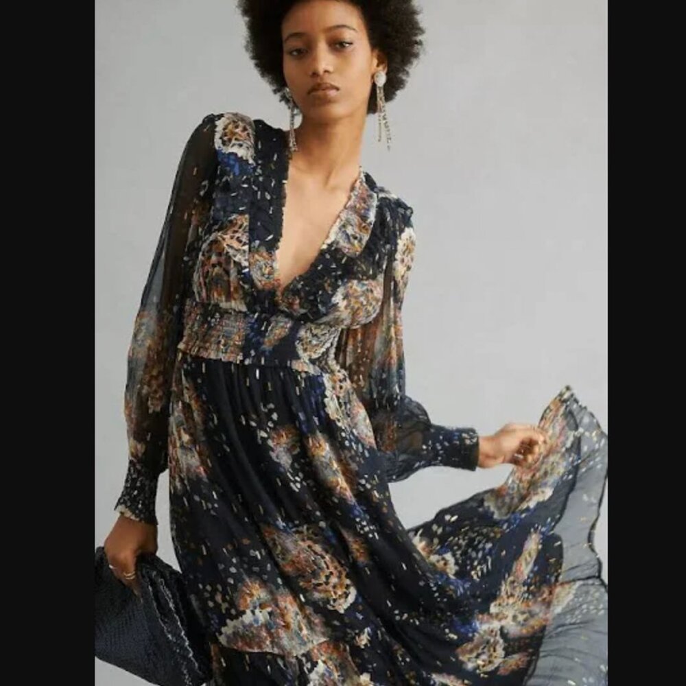 Anthropologie Smocked V-Neck Maxi Dress